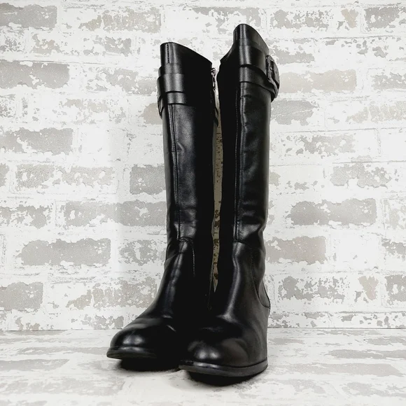 Tahari Kaley Black Leather Knee High Buckle Ridding Boots A920 - Picture 2 of 13